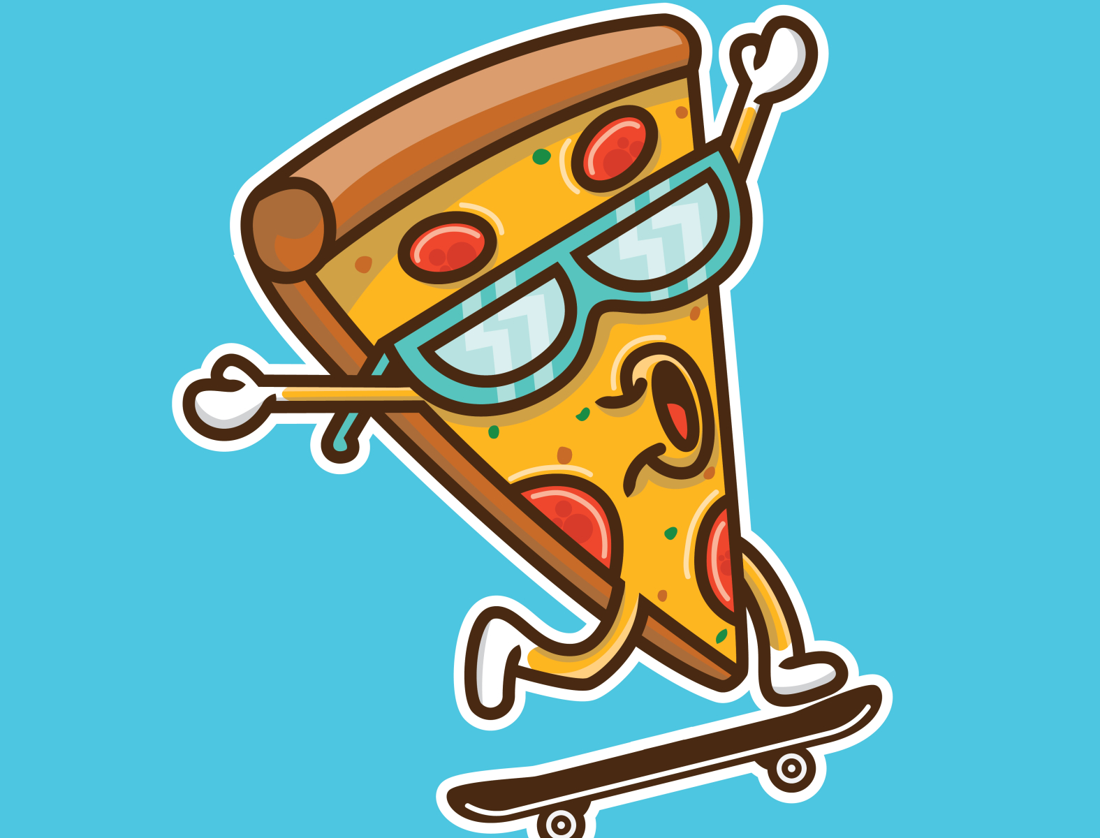 A slice of pizza totally groovin' on a skateboard. He's make a cute mascot.