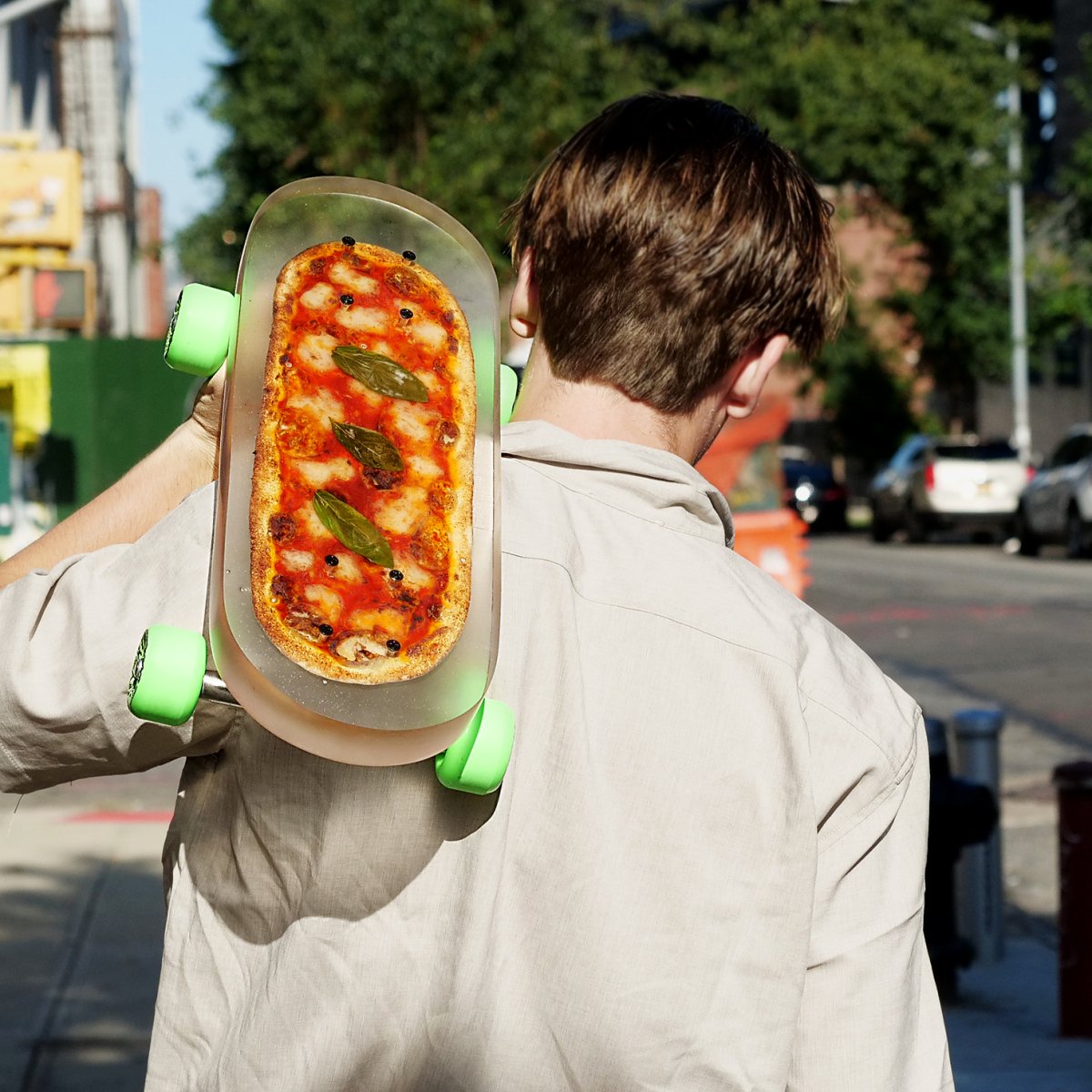 A guy with a pizza skateboard, epytomizing the concept of Parkour Pizza